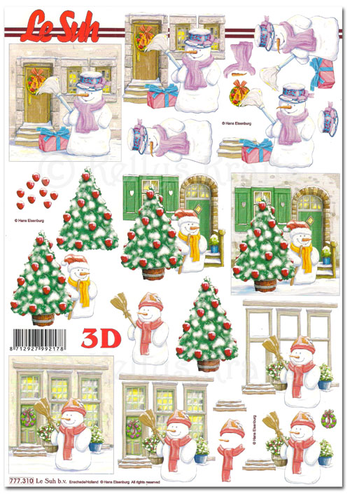 (image for) 3D Decoupage A4 Sheet - Christmas Front Doors & Snowmen (777310)
