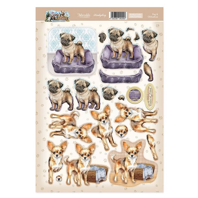 (image for) Die Cut 3D Decoupage A4 Sheet - Dog Tales, Pug & Chihuahua