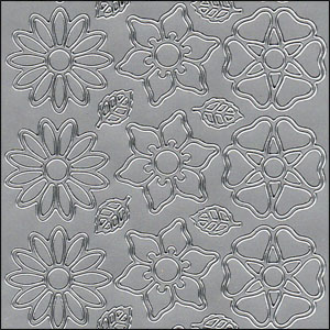 (image for) Flower/Daisy Heads & Leaves, Silver Peel Off Stickers (1 sheet)